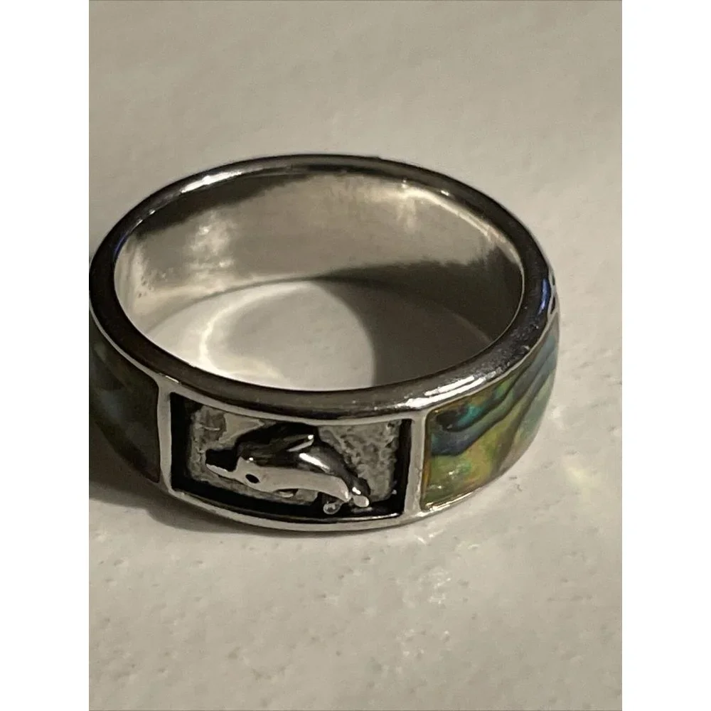 Abalone Shell Silver Tone Inlay Dolphin Ring‎ Band Size 9.5  Beach Vacation A122